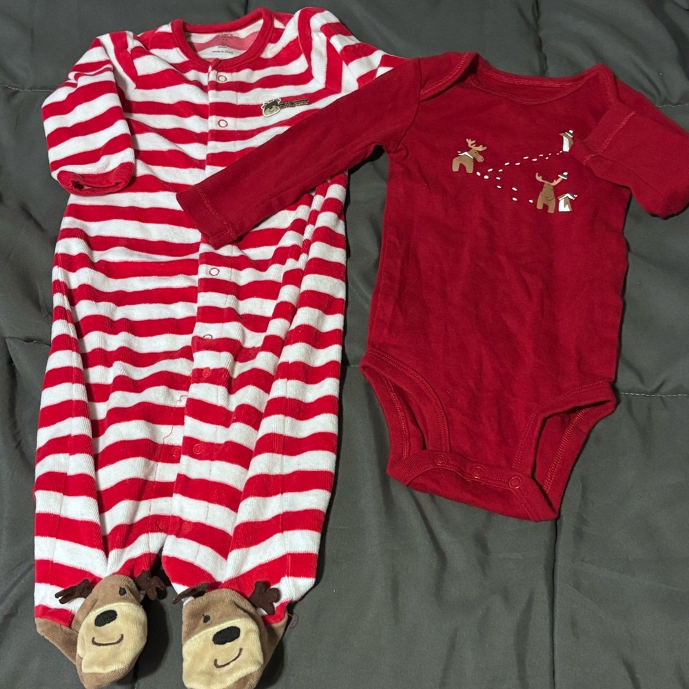My first Christmas reindeer sleeper with reindeer feet and long sleeve onesie